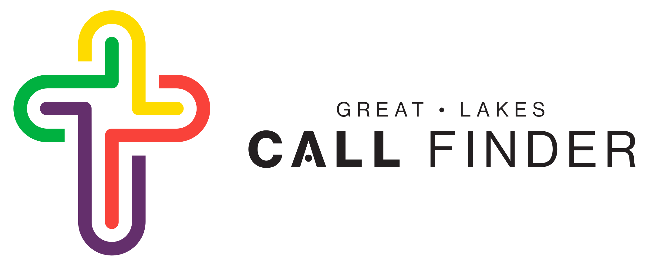 Multicolored, abstract cross design with bold lines beside black text reading "Great Lakes Call Finder" on a transparent background.
