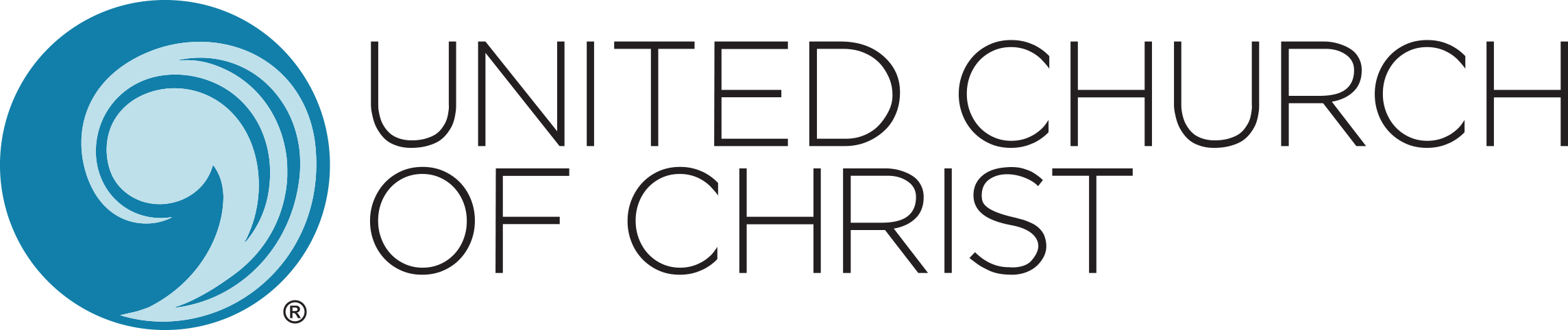 Logo of the United Church of Christ featuring a blue, stylized wave symbol beside the church's name in bold, black font.