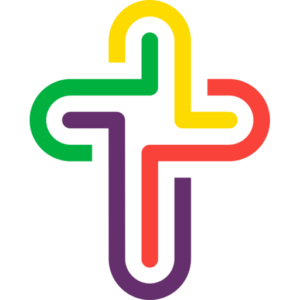 Colorful cross symbol with interlocking lines in green, yellow, red, and purple, forming a stylized, modern design on a white background.
