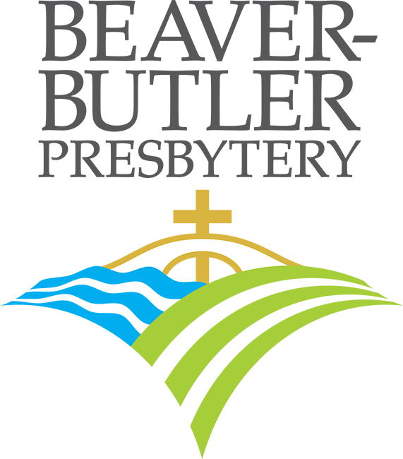 Logo of Beaver-Butler Presbytery, featuring a cross, green hills, and blue waves beneath the organization’s name in bold letters.