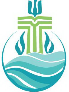 A stylized logo featuring a green cross, blue waves, and abstract flames, symbolizing elements of faith and spirituality in a circular design.