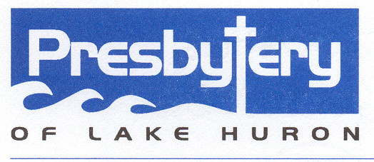 Logo for the Presbytery of Lake Huron features stylized waves and a cross, with bold text on a blue background.