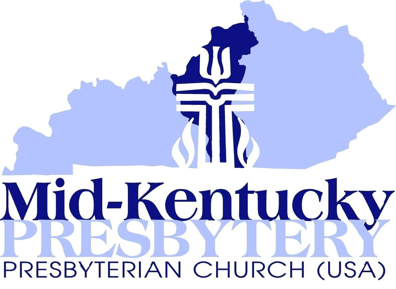 Silhouette of Kentucky with a cross emblem and flames. Text reads "Mid-Kentucky Presbytery Presbyterian Church (USA)" in blue and light blue.