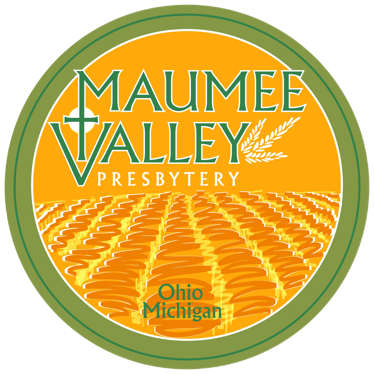 A circular logo with "Maumee Valley Presbytery" text, featuring rows of crops and "Ohio" and "Michigan" labels on a green-bordered, orange background.