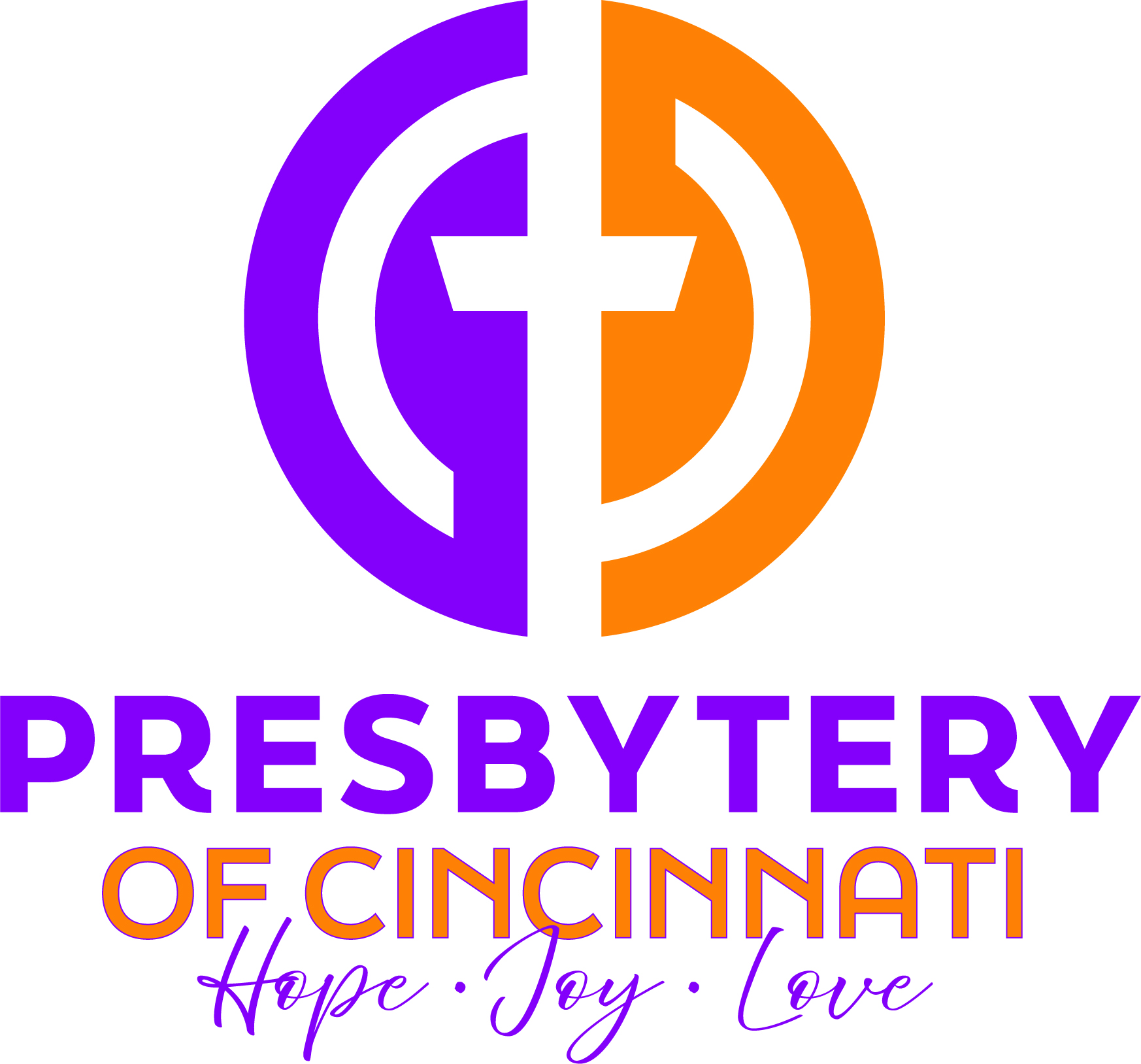 A logo for the Presbytery of Cincinnati features a stylized cross, symbolizing hope, joy, and love in purple and orange colors.