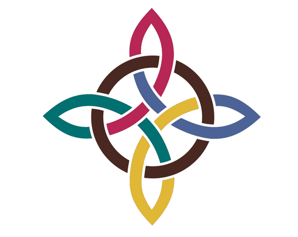 A colorful Celtic knot design with interwoven loops in red, brown, teal, yellow, and blue, forming a symmetrical cross pattern.