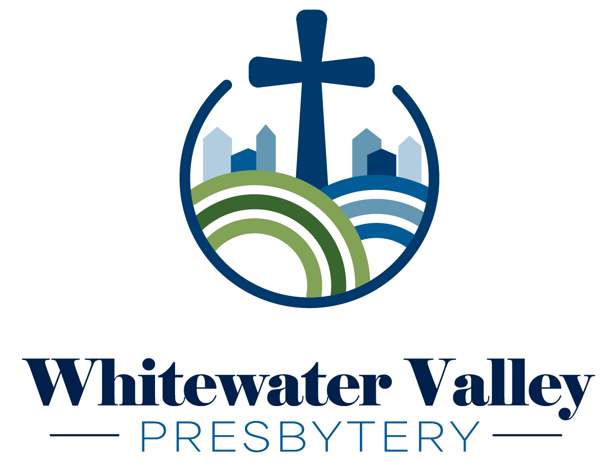 A blue and green logo features a cross, cityscape, and rolling hills, labeled "Whitewater Valley Presbytery" at the bottom.